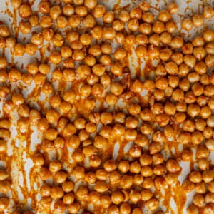 Chickpeas coated in hot sauce, olive oil, and paprika