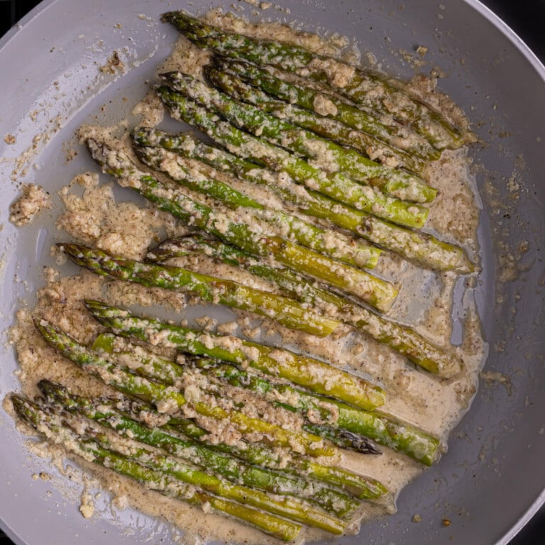 Creamed asparagus still in the frying pan