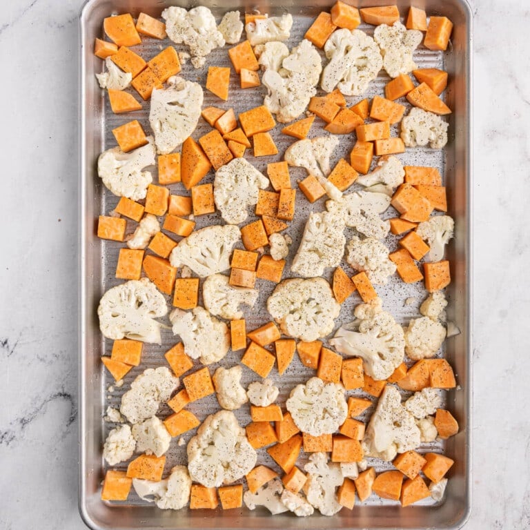 Cauliflower and Sweet Potatoes Ready for the Oven