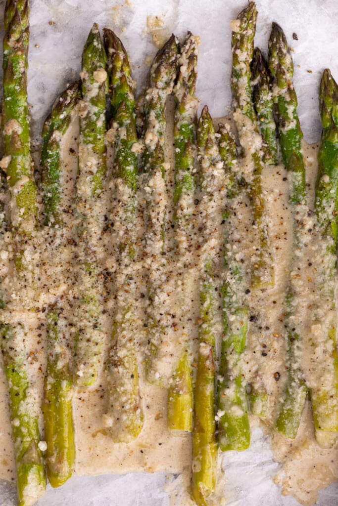 Close-up of Creamed Asparagus on parchment paper