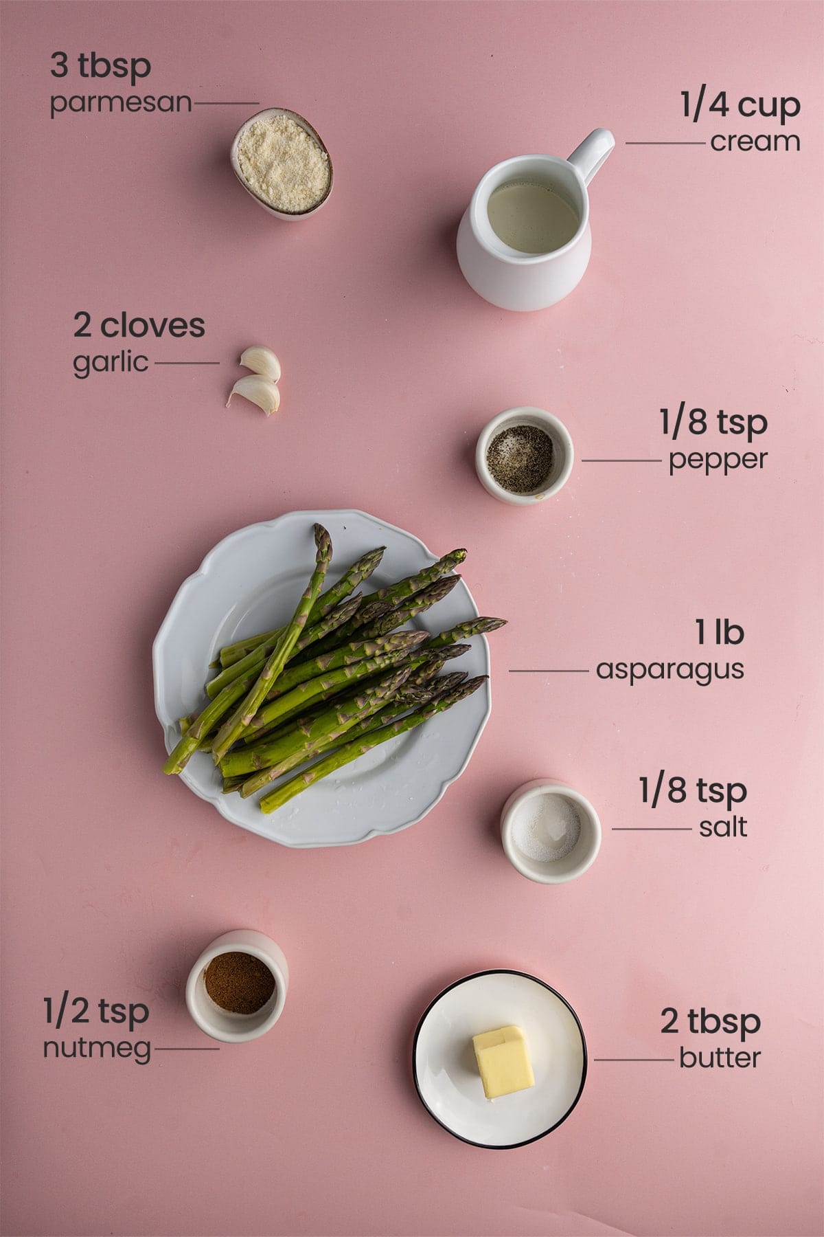 ingredients for creamed asparagus - parmesan, cream, garlic, pepper, asparagus, salt, nutmeg, butter