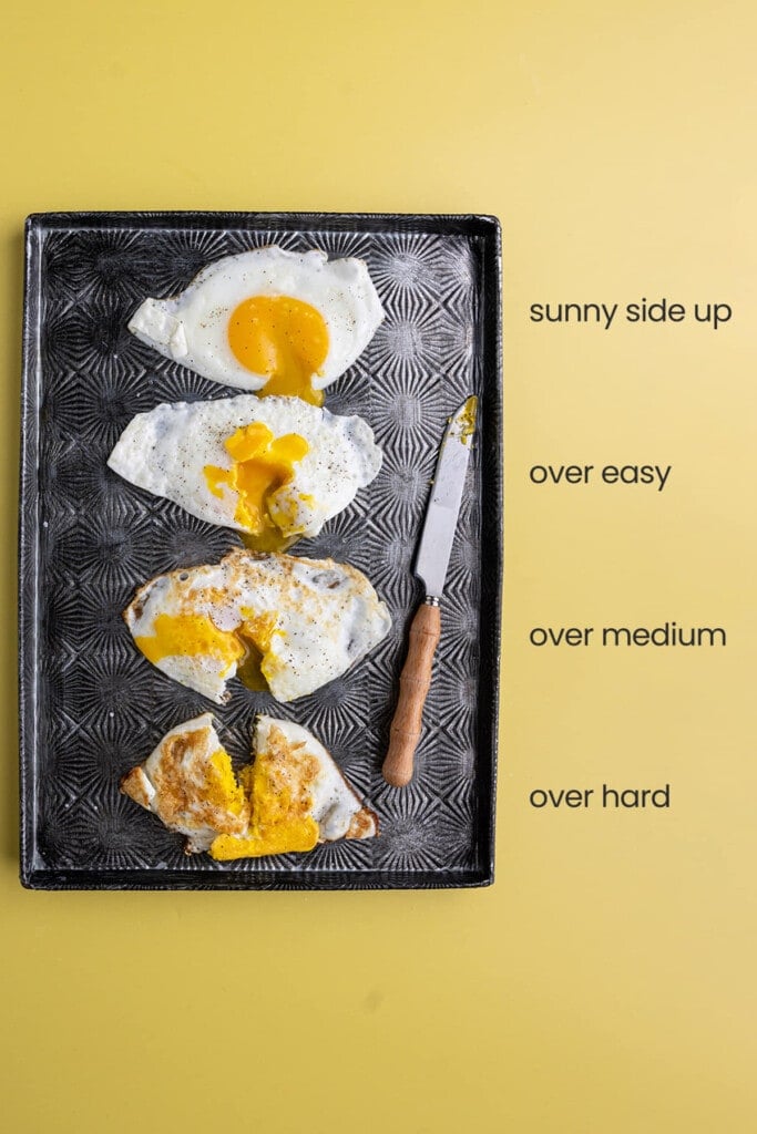 sunny side up vs over easy vs over medium vs over hard eggs with yolks cut