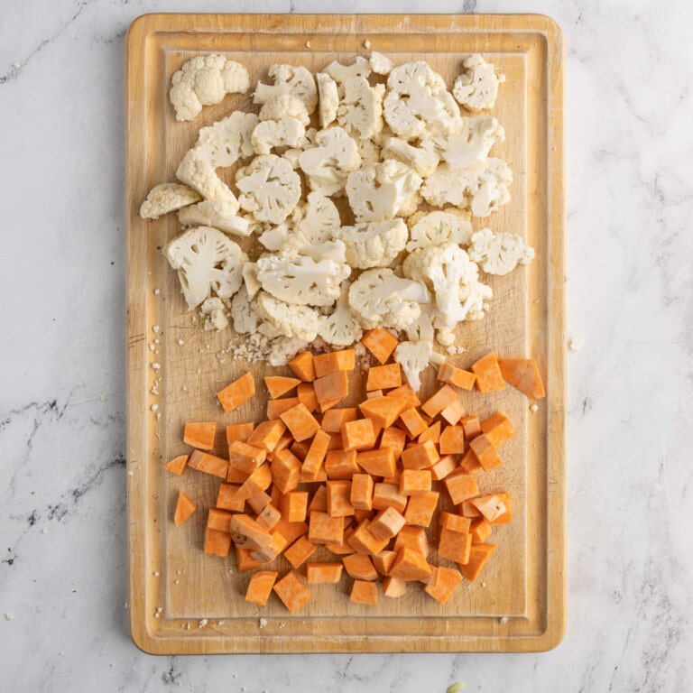 Prepped cauliflower and sweet potatoes