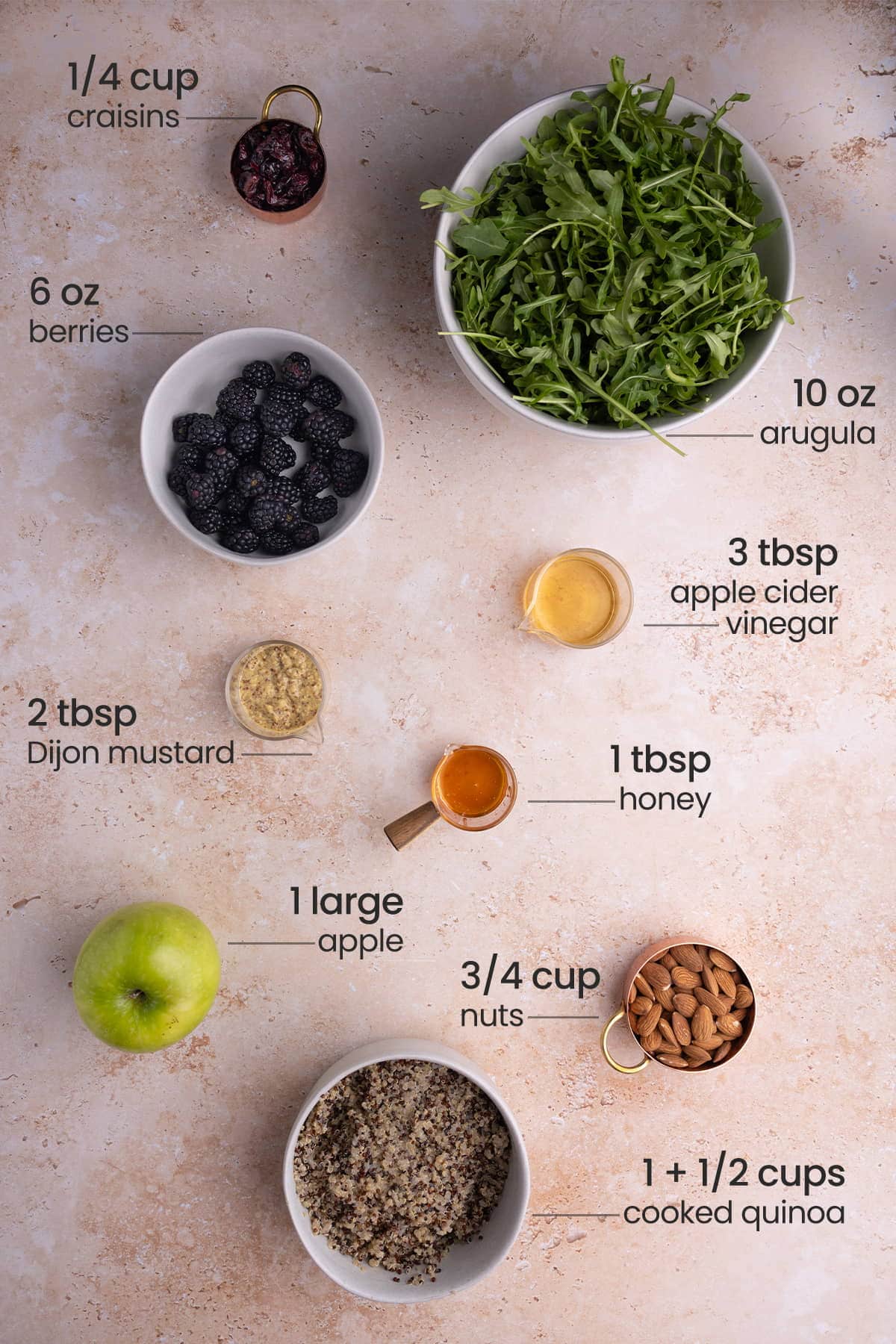 ingredients for quinoa arugula salad - craisins, berries, arugula, apple cider vinegar, dijon mustard, honey, apple, nuts, cooked quinoa
