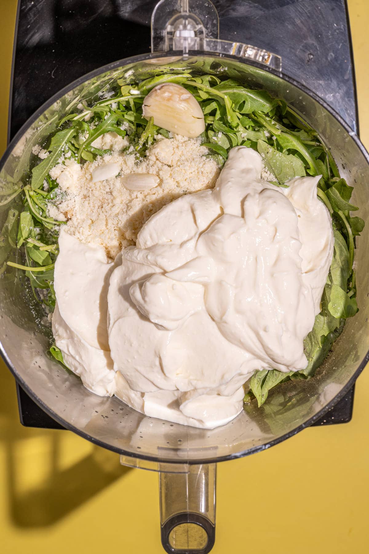 All ricotta pesto pasta ingredients in food processor