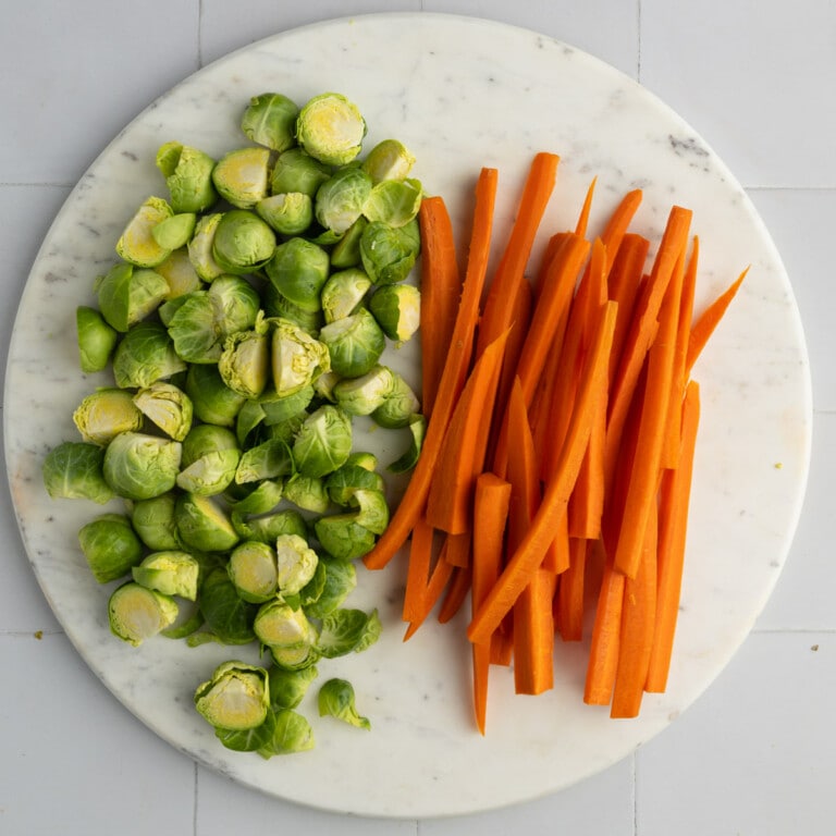 Brussels sprouts and carrots peeled and sliced