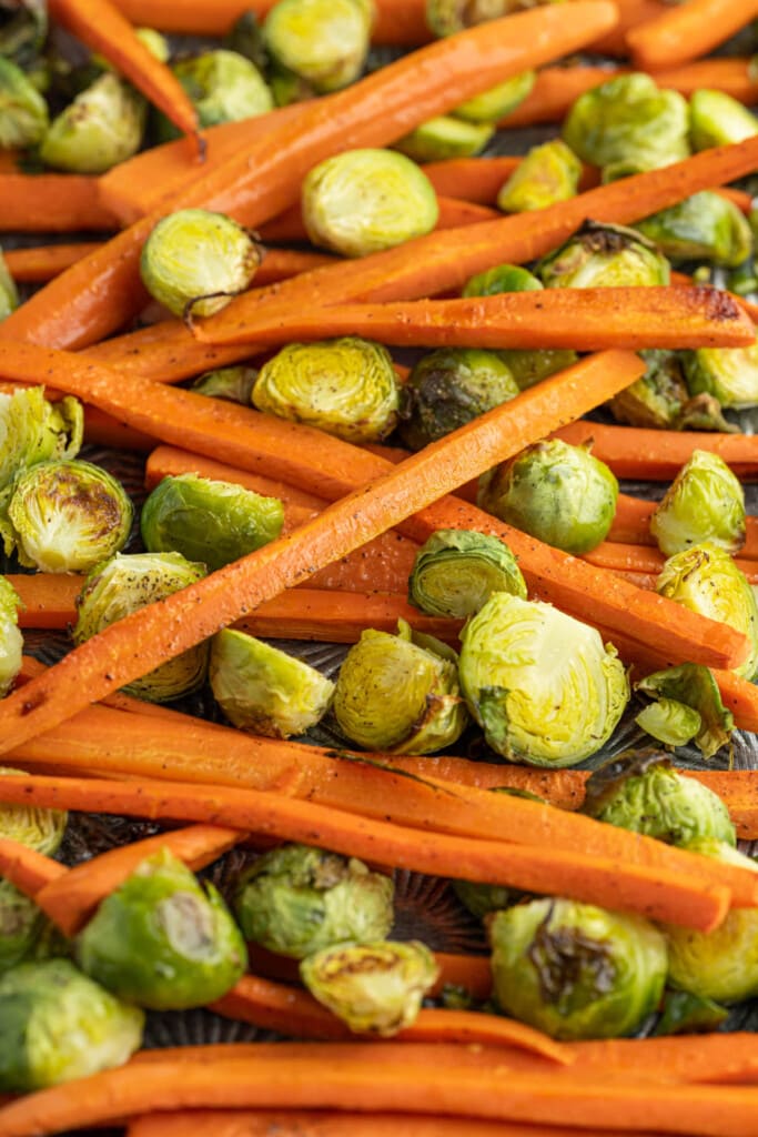 Close up of Roasted Carrots and Brussels Sprouts