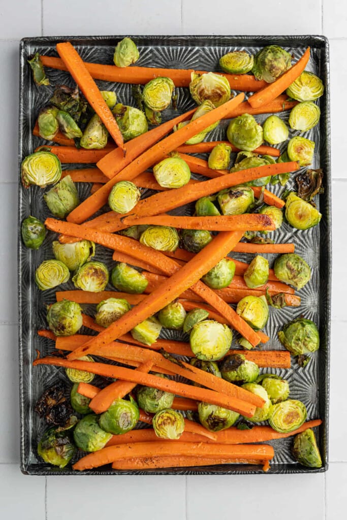 Roasted Brussels Sprouts and Carrots on a sheet pan