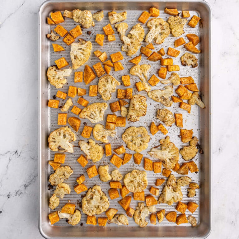 Roasted Cauliflower and Sweet Potatoes Just Out of the Oven