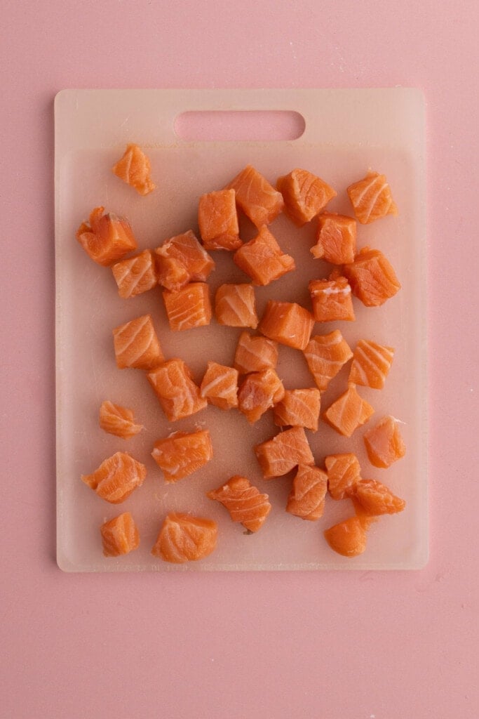 Salmon cut into cubes