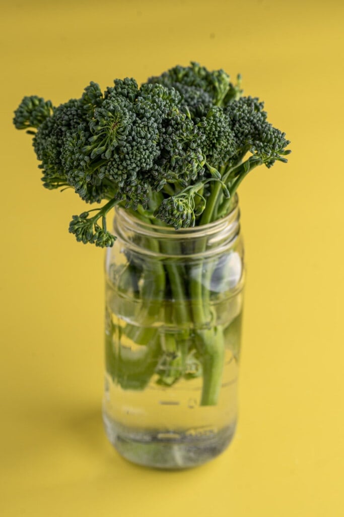 Storing broccolini in jar with water to make it last longer