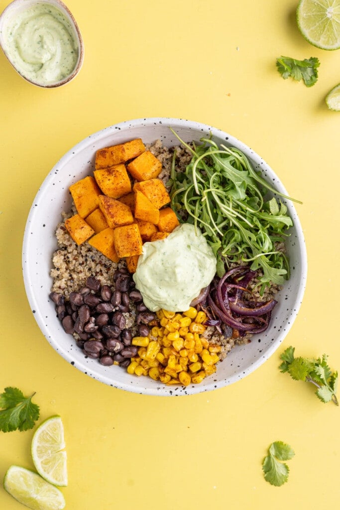 Overhead shot of Sweet Potato Quinoa Bowl with Avocado Crema