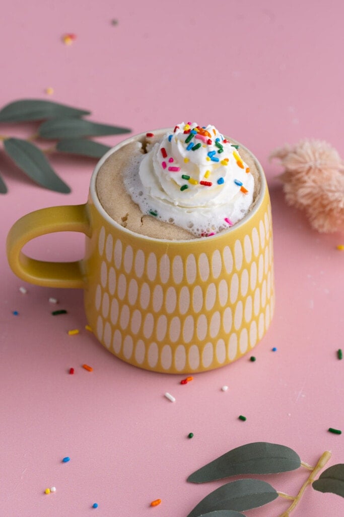 Vegan Vanilla Mug Cake with Whipped Cream and Sprinkles