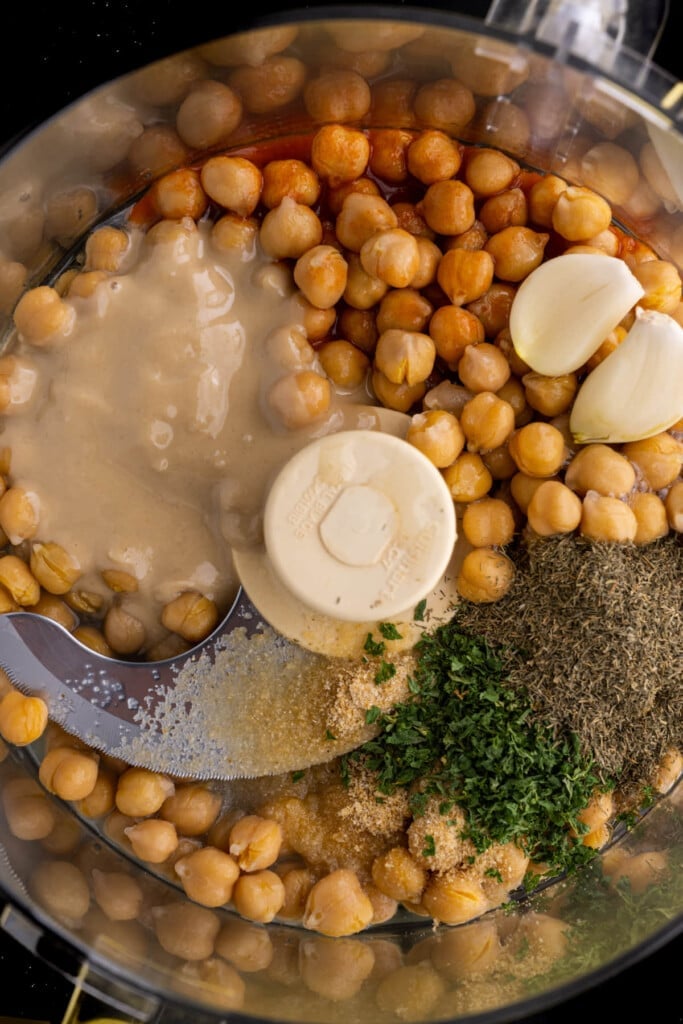 All ingredients for Buffalo Ranch Hummus in a blender