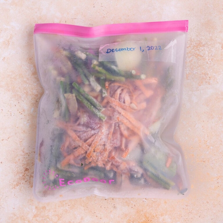 Freezing vegetable scraps for up to 6 months to make veggie broth