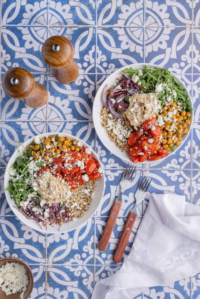 Overhead shot of two Mediterranean Quinoa Bowls