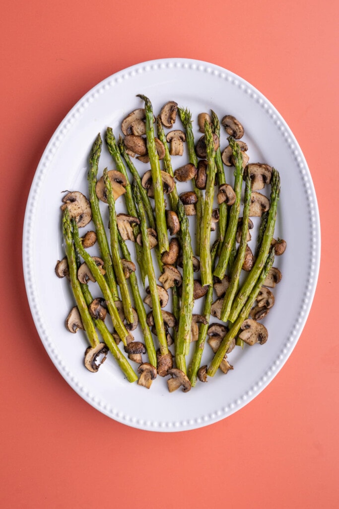 Roasted Mushrooms and Asparagus on a serving platter