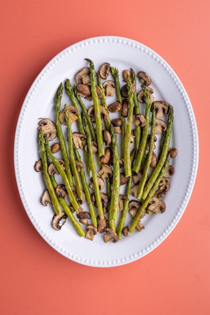 Roasted Mushrooms and Asparagus on a serving platter