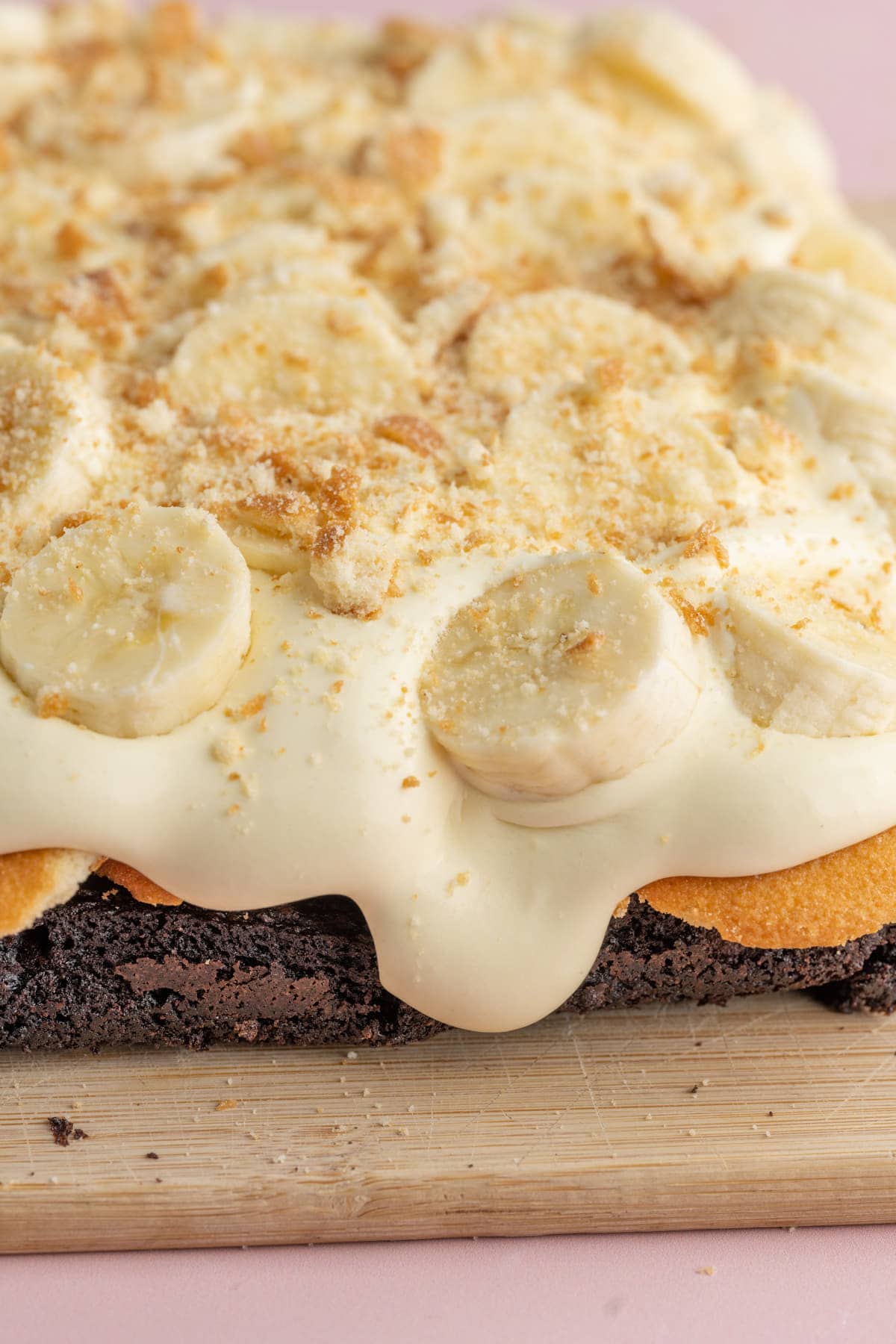 Close up of layers of Banana Pudding Brownies