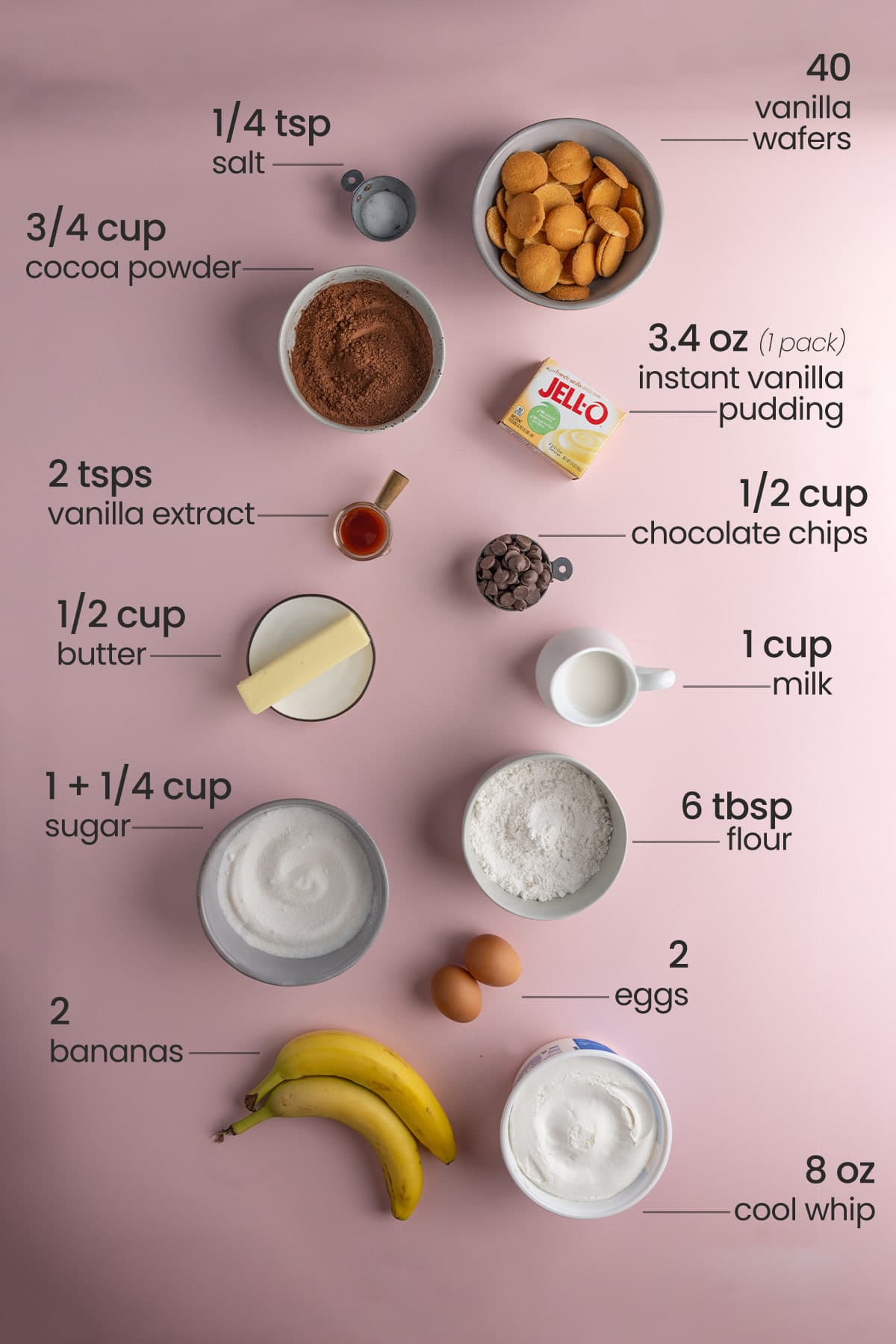 ingredients for banana pudding brownies - salt, vanilla wafers, cocoa powder, instant vanilla pudding, vanilla extract, chocolate chips, butter, milk, sugar, flour, eggs, bananas, cool whip