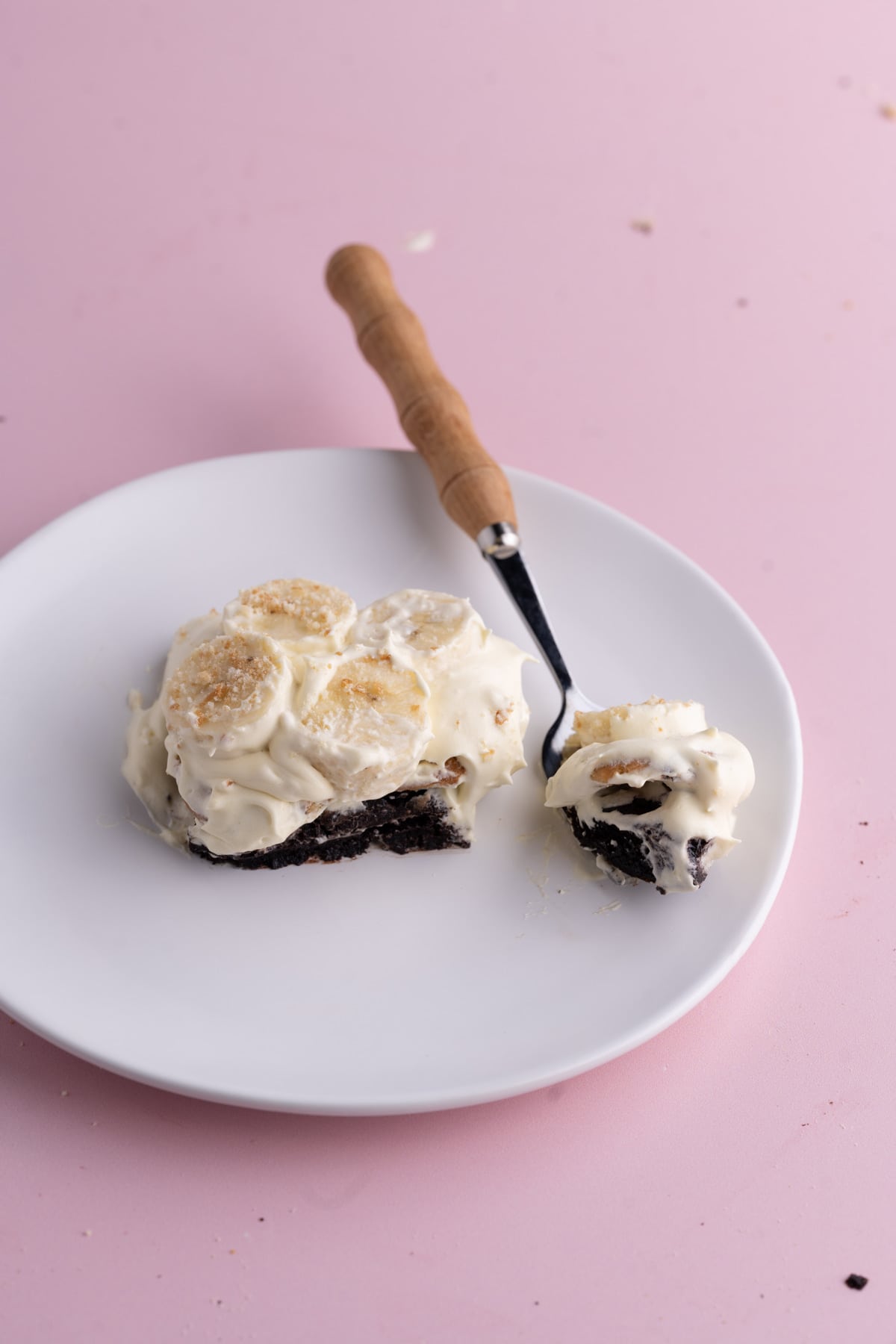 One Banana Pudding Brownie on a plate with a fork