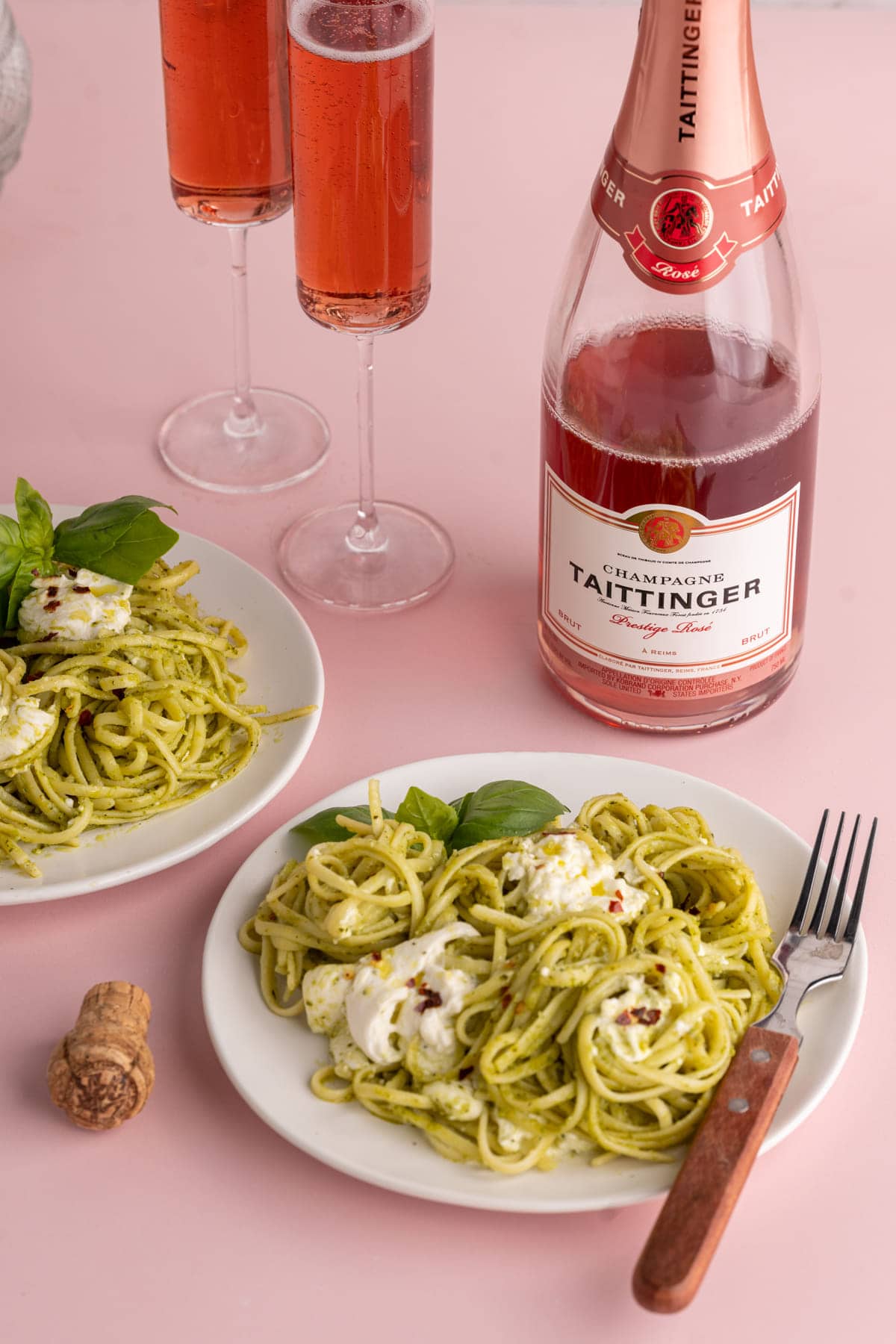 Burrata Pesto Pasta paired with Taittinger Prestige Rose