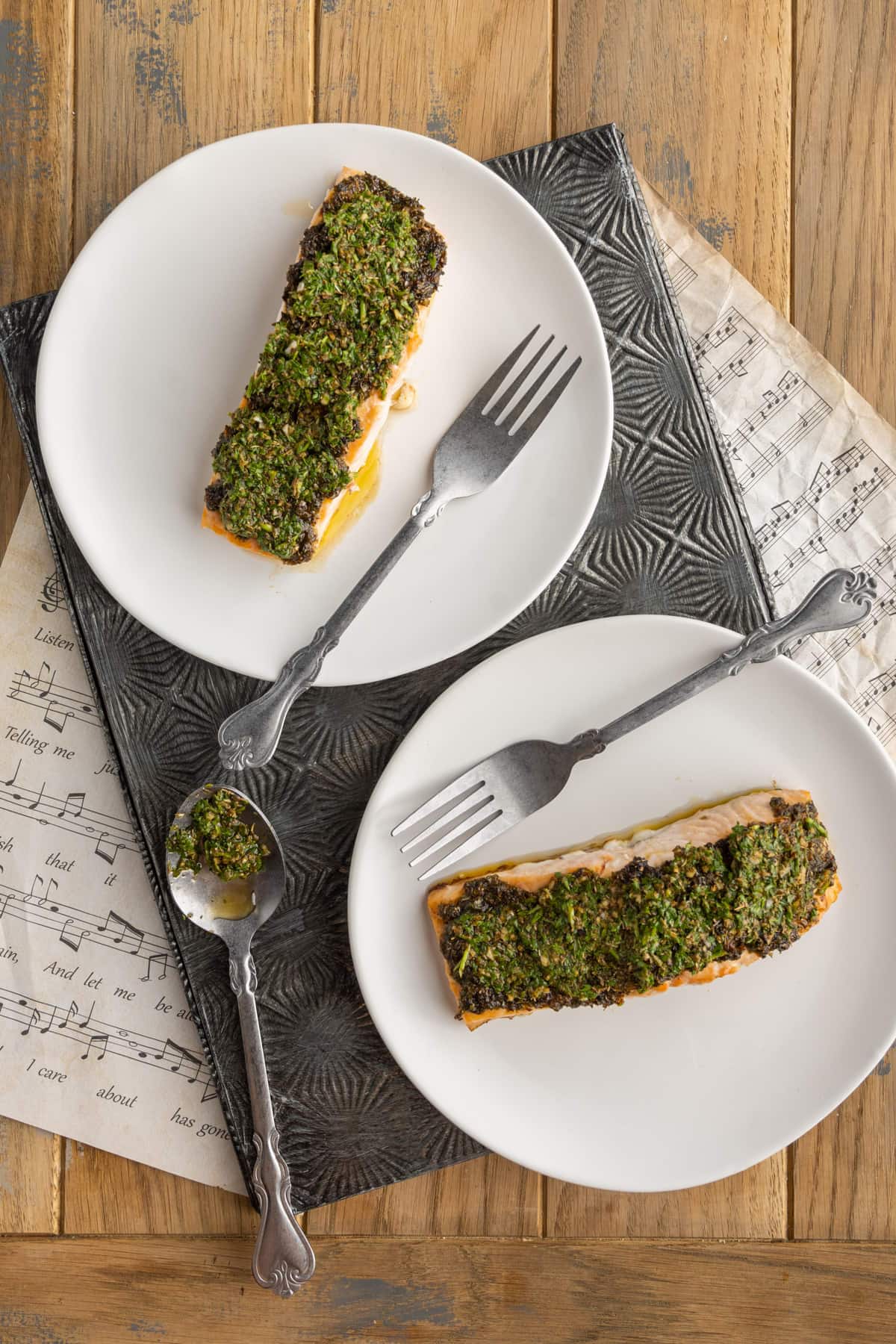 Two plates of Chimichurri Salmon