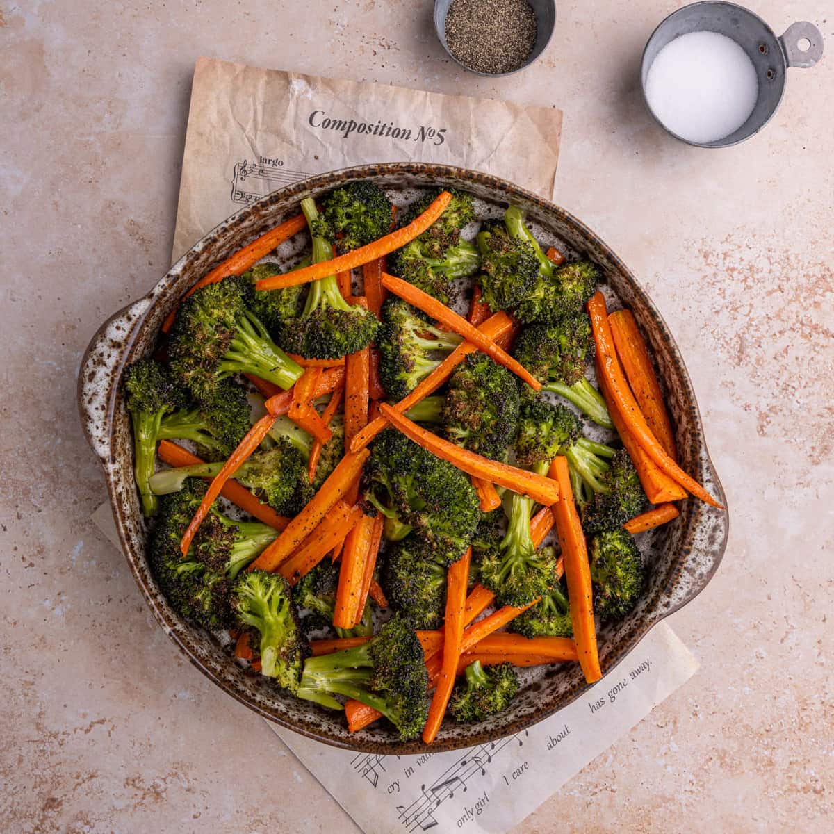 Roasted Broccoli and Carrots in a serving dish