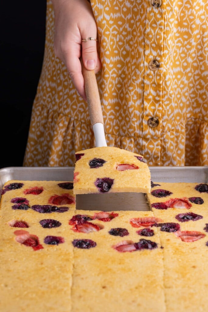 Serving up sheet pan pancakes.