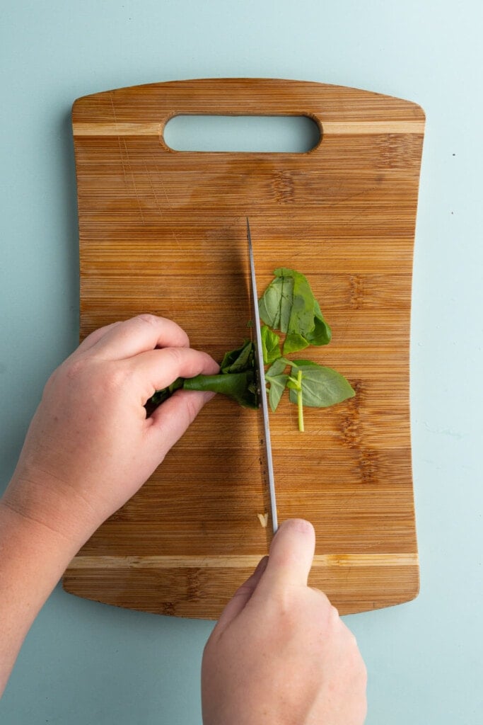 Chopping basil to add to salad