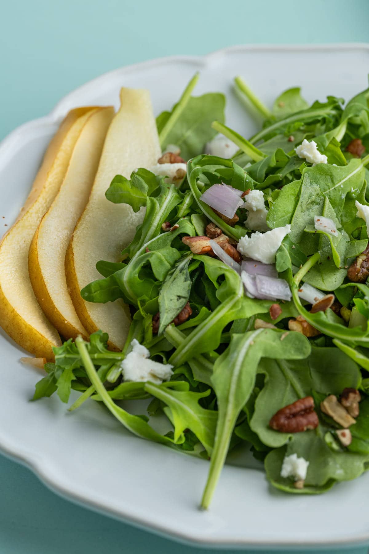 Close up crop of Arugula Pear Salad