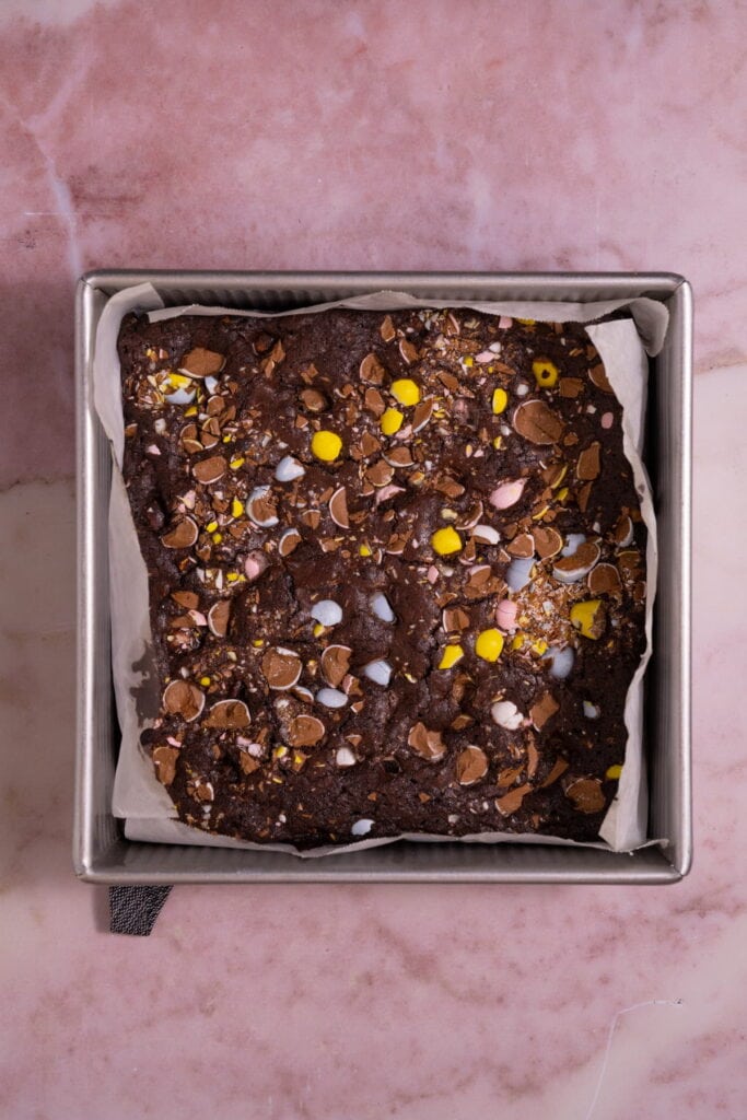 Cadbury Mini Egg Brownies fresh out of the oven, still in the baking pan.