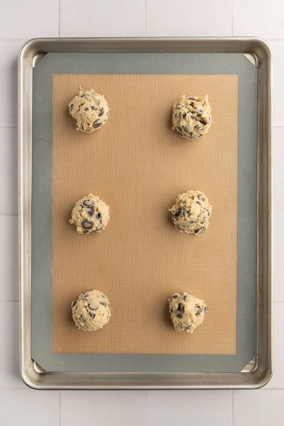 No-Egg chocolate chip cookie dough ready to be baked