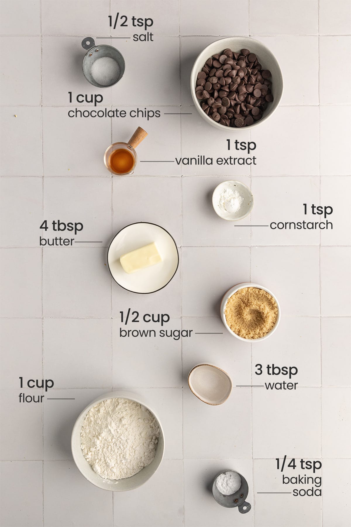 ingredients for eggless chocolate chip cookies - salt, chocolate chips, vanilla extract, butter, cornstarch, brown sugar, water, flour, baking soda