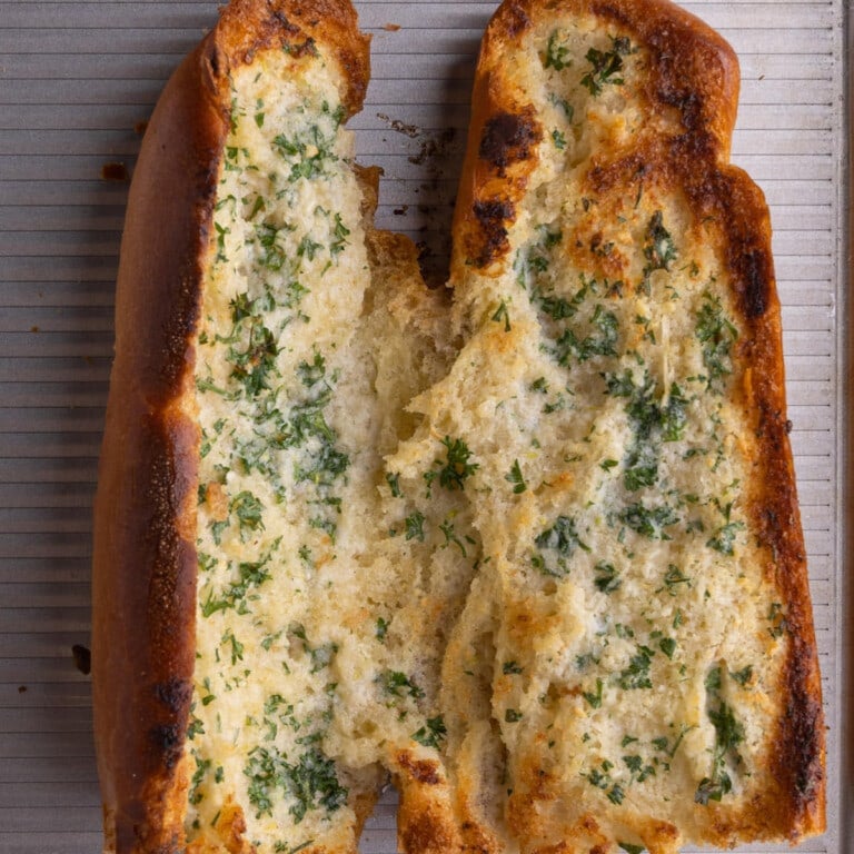 Just baked garlic bread with crispy edges
