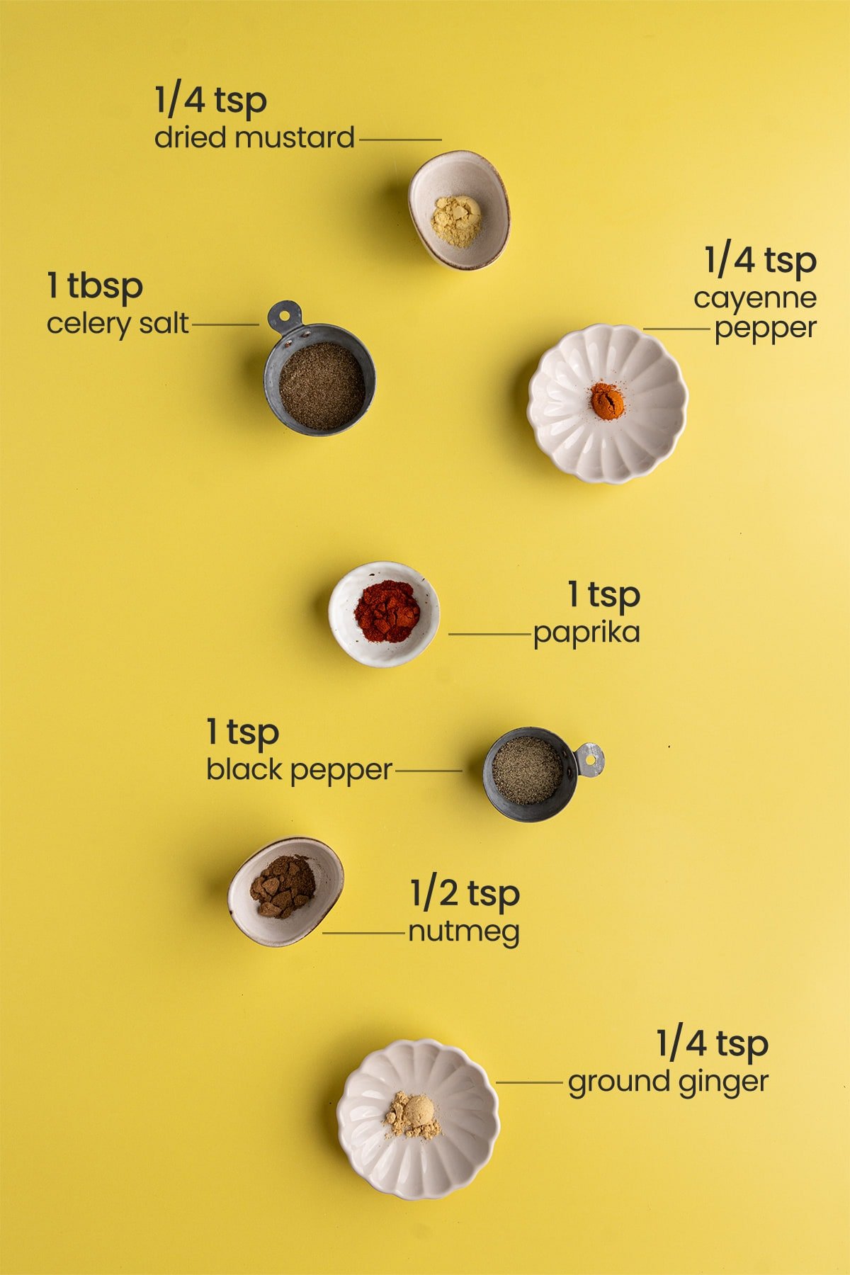 All ingredients for Old Bay Seasoning Substitute including celery salt, black pepper, cayenne pepper, paprika, nutmeg, dry mustard, and ground ginger