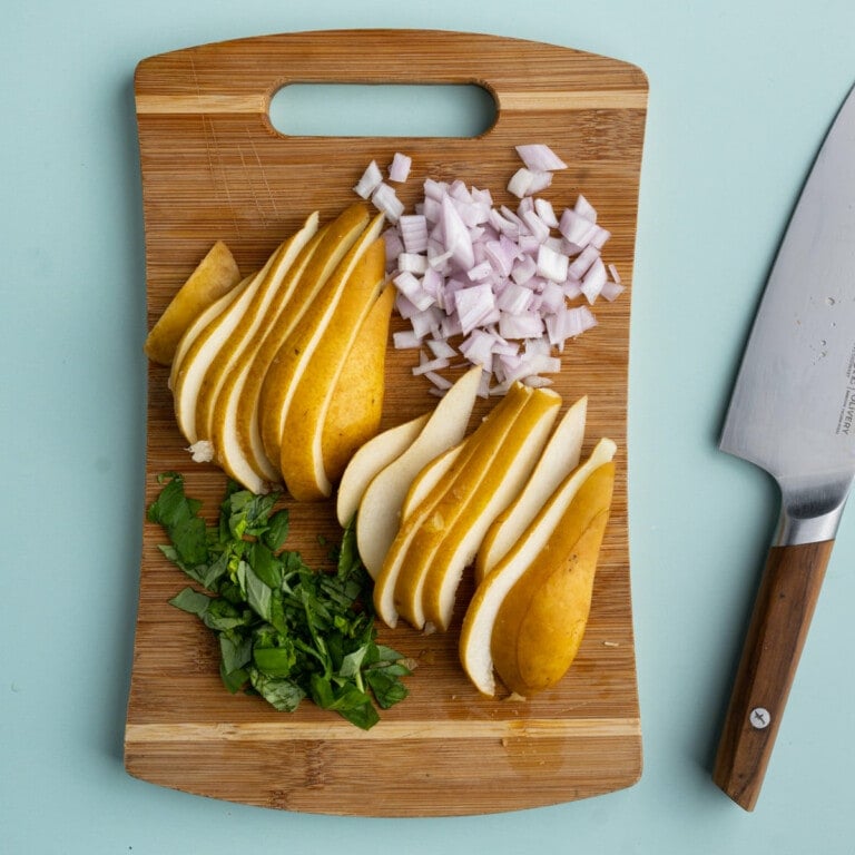 Prepped basil, pear, and shallots