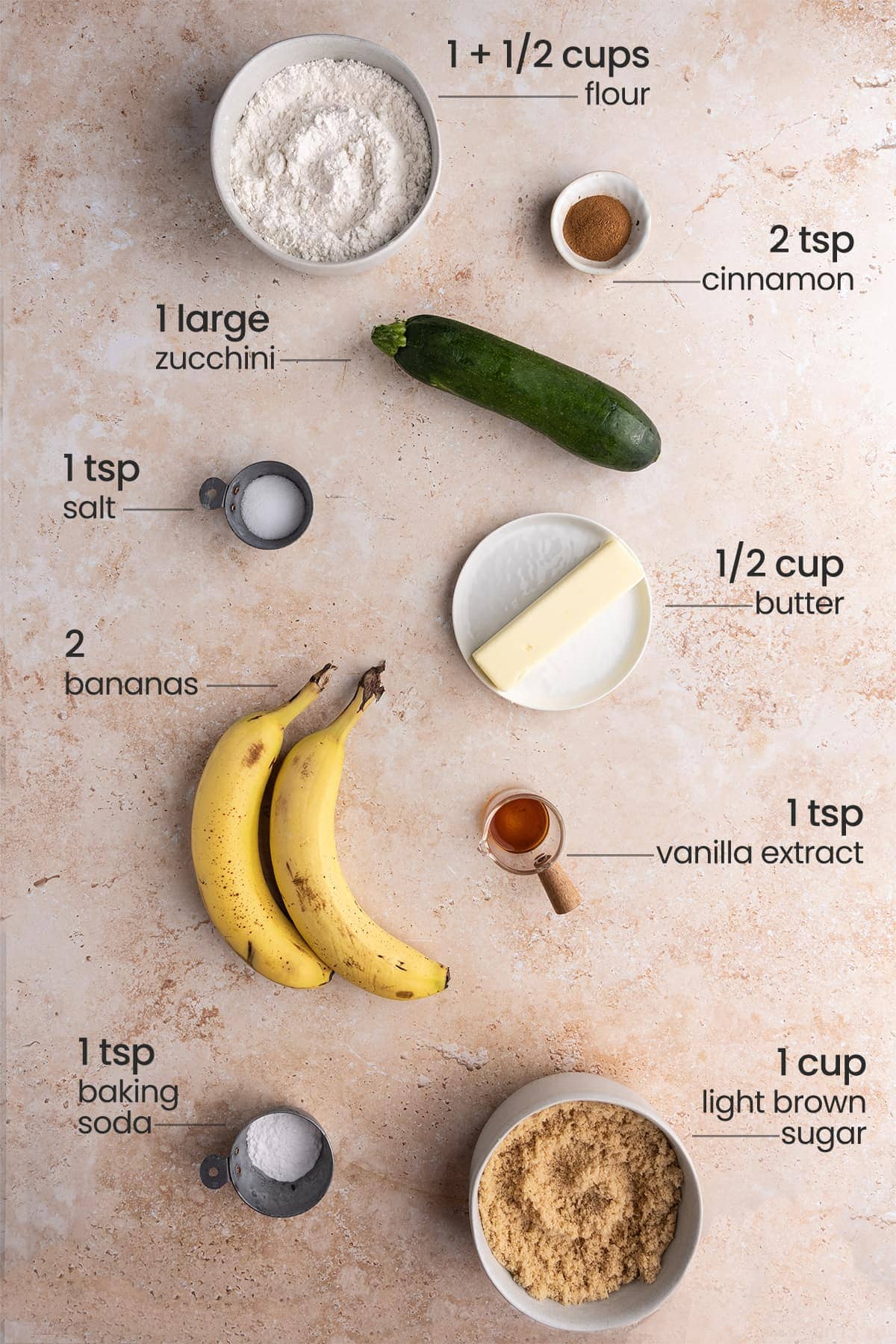 ingredients for banana zucchini bread - flour, cinnamon, zucchini, salt, butter, bananas, vanilla extract, baking soda, light brown sugar