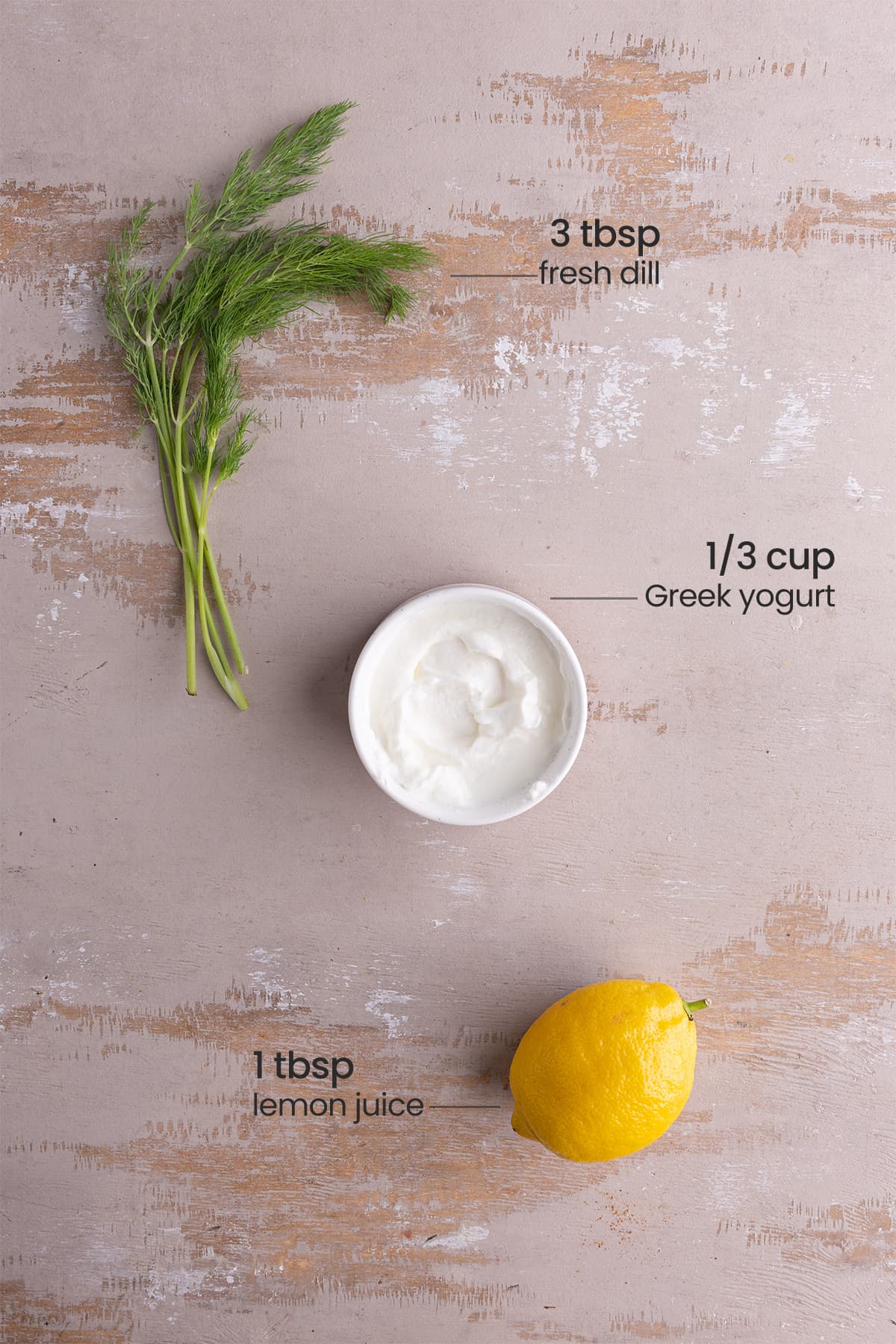 ingredients for dill yogurt sauce - dill, Greek yogurt, lemon juice