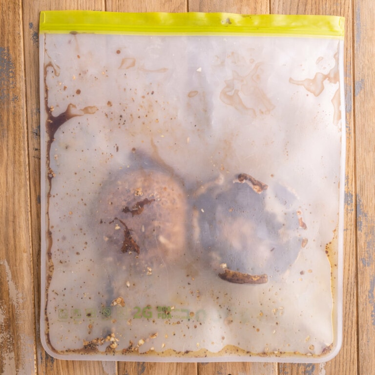 Portobellos marinating in a reusable storage bag