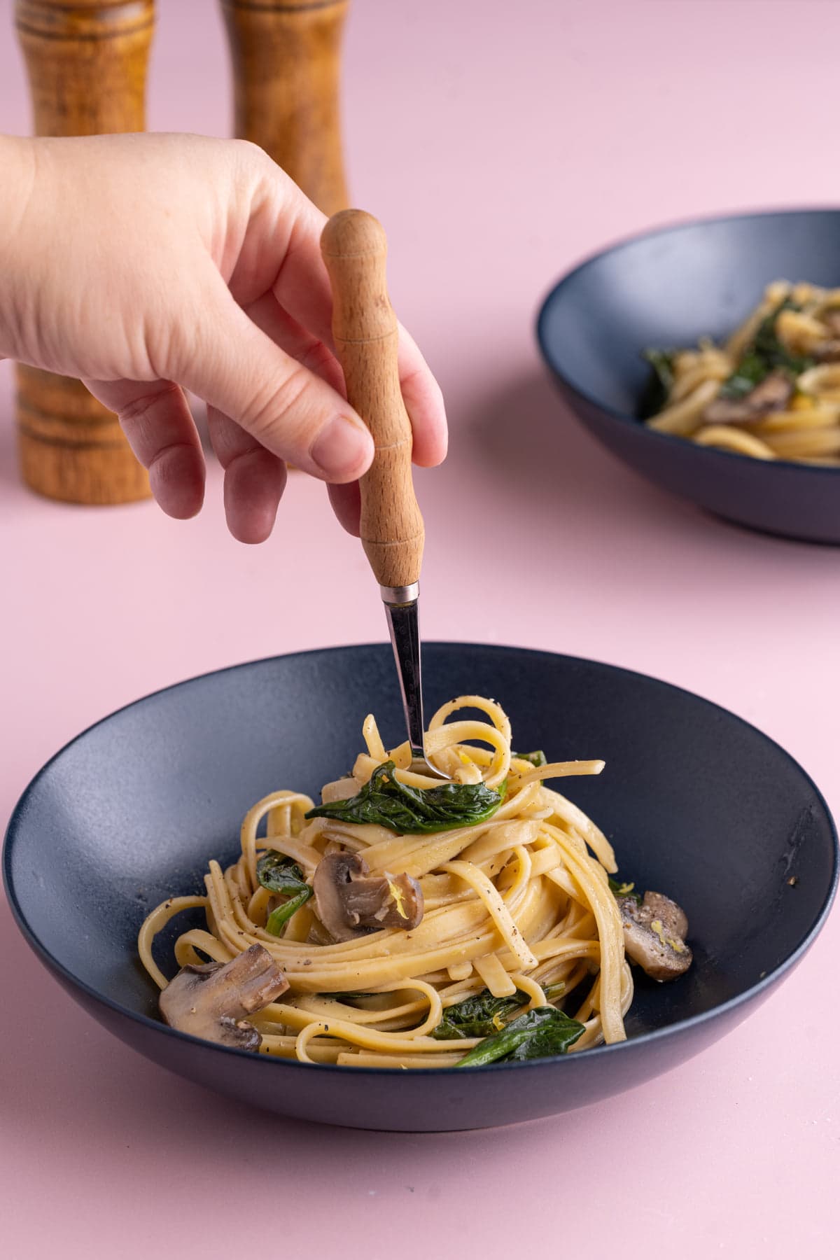 Twirling Mushroom Spinach Pasta onto fork