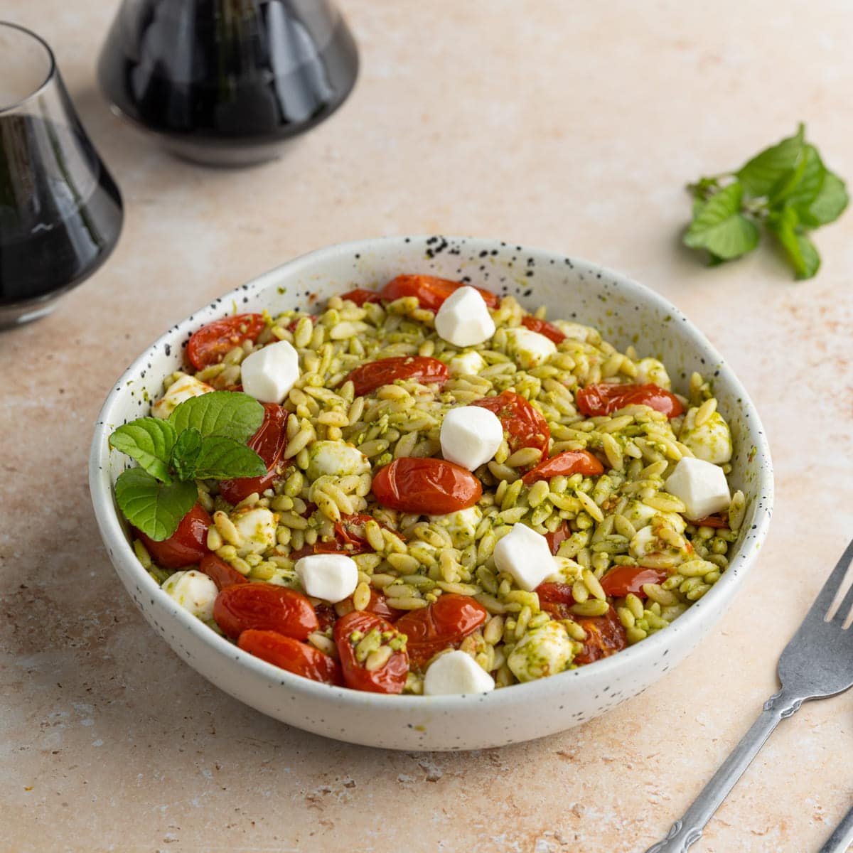 Orzo Pesto Salad with roasted tomatoes and mozzarella pearls