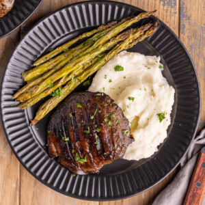 Grilled Portobello Mushroom Steak with mashed potatoes and asparagus