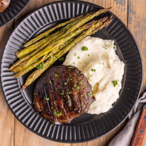 Grilled Portobello Mushroom Steak with mashed potatoes and asparagus