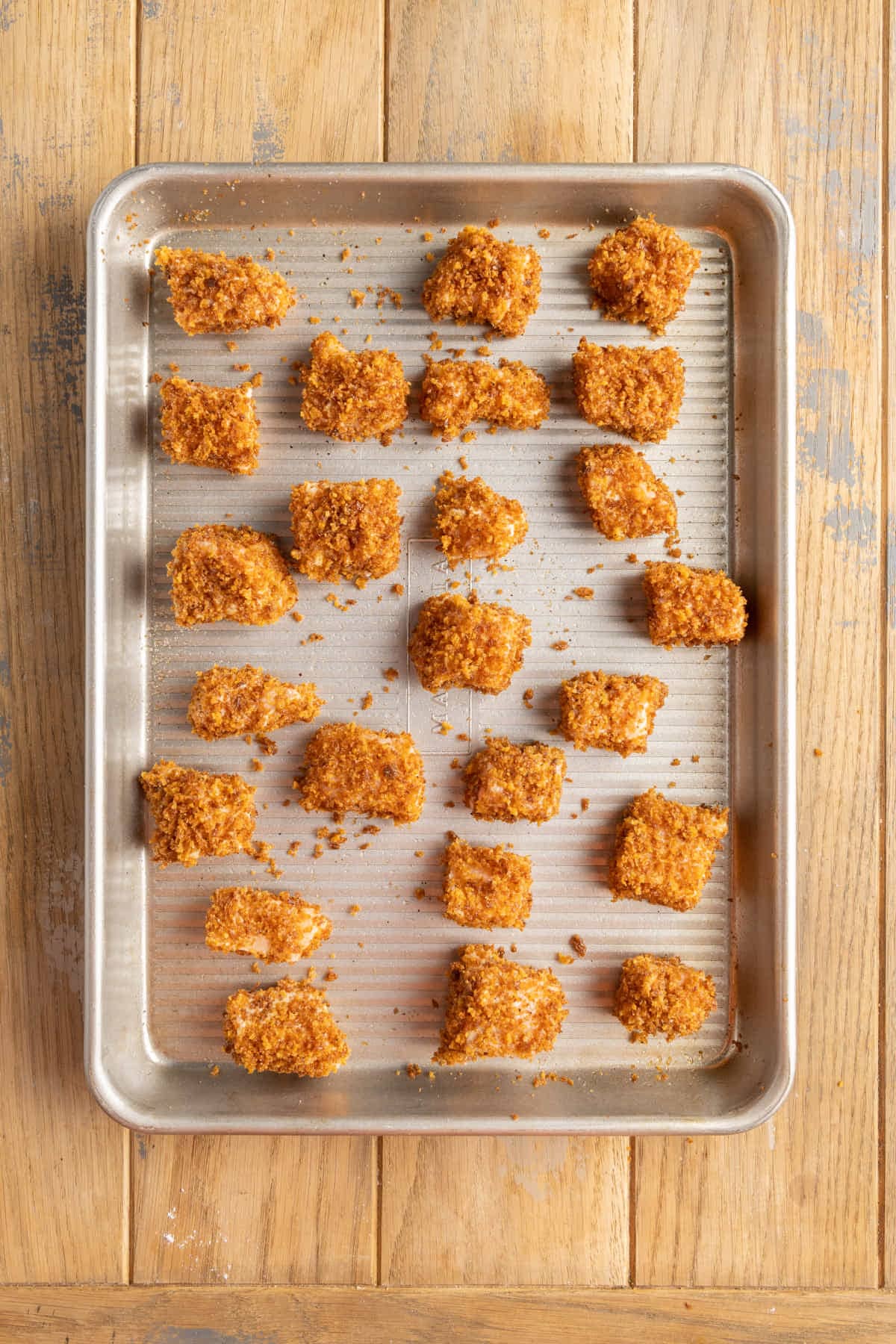 Breaded salmon nuggets ready to bake