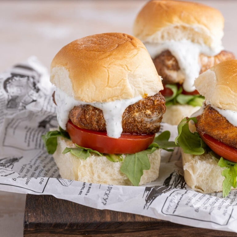 Blackened Salmon Sliders with Greek Yogurt Lemon Dill Sauce