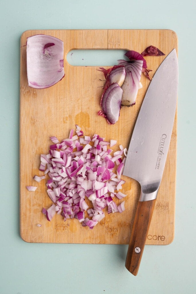 Diced red onion for BBQ Jackfruit Quesadilla