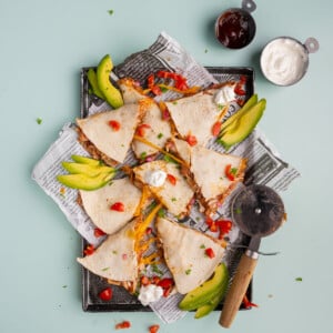 BBQ Jackfruit Quesadilla sliced and served on a platter