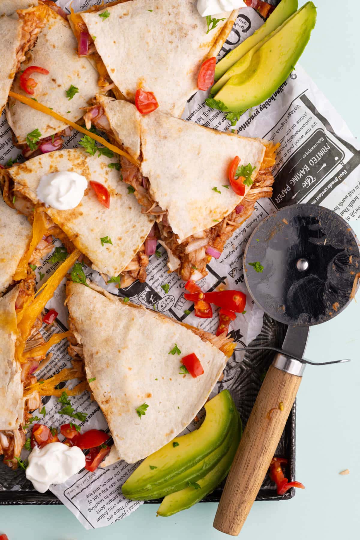 BBQ Jackfruit Quesadilla sliced with a pizza cutter