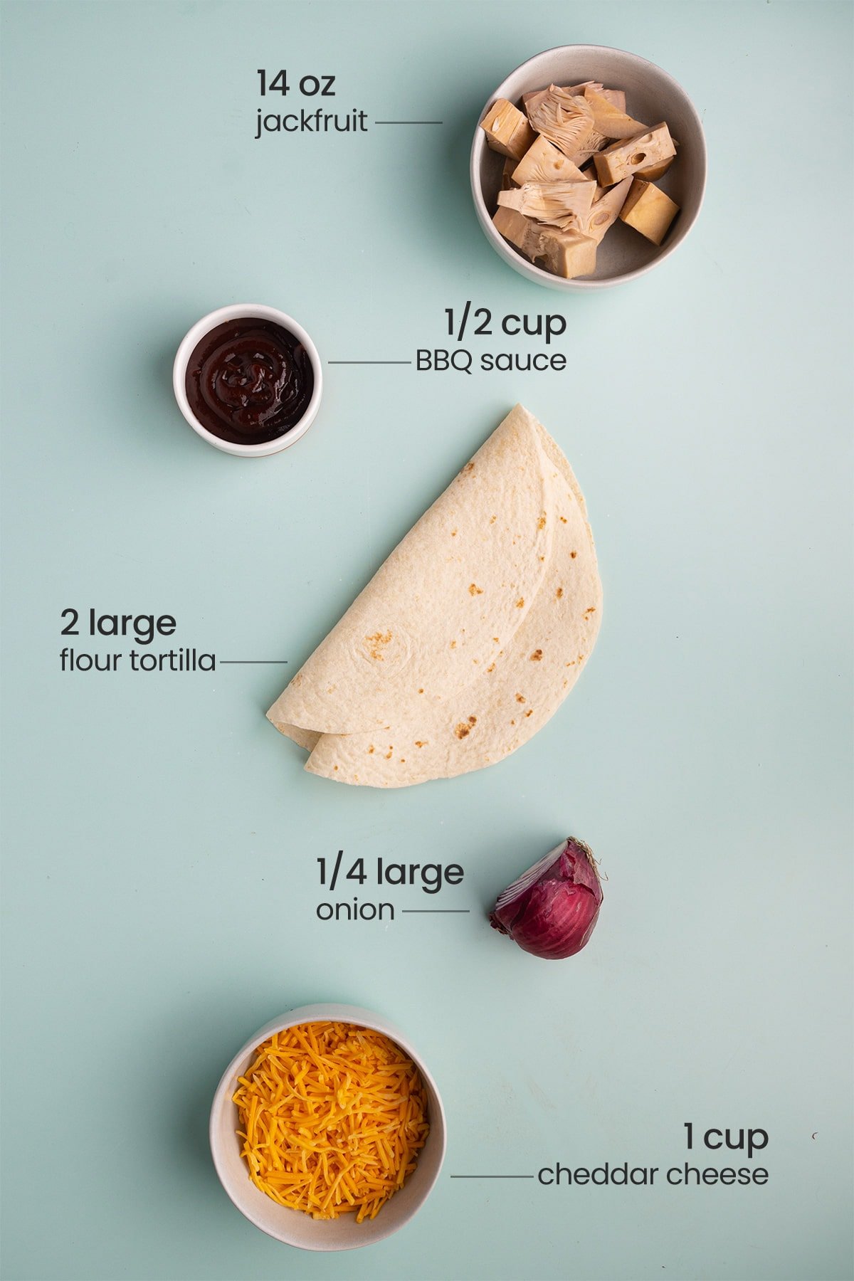 Ingredients for BBQ Jackfruit Quesadillas - jackfruit, BBQ sauce, flour tortilla, onion, cheddar cheese